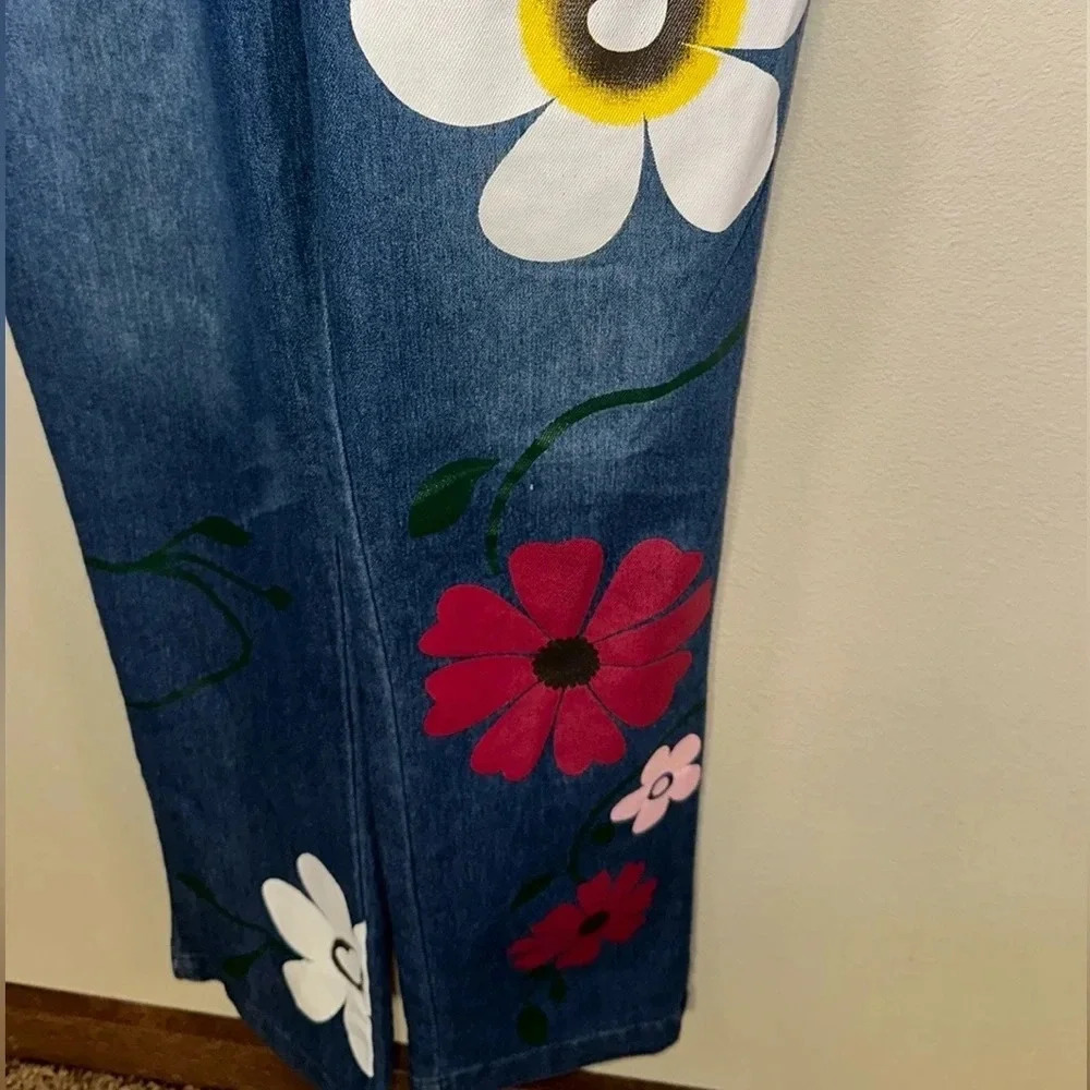 Misslook Painted Flowers Denim Bib Overalls Women Size Medium Casual Boho Hippie - Picture 5 of 7